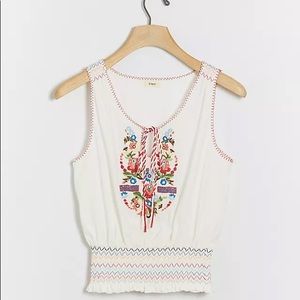 Anthropologie Ivory Embroidered Smocked Tank Top